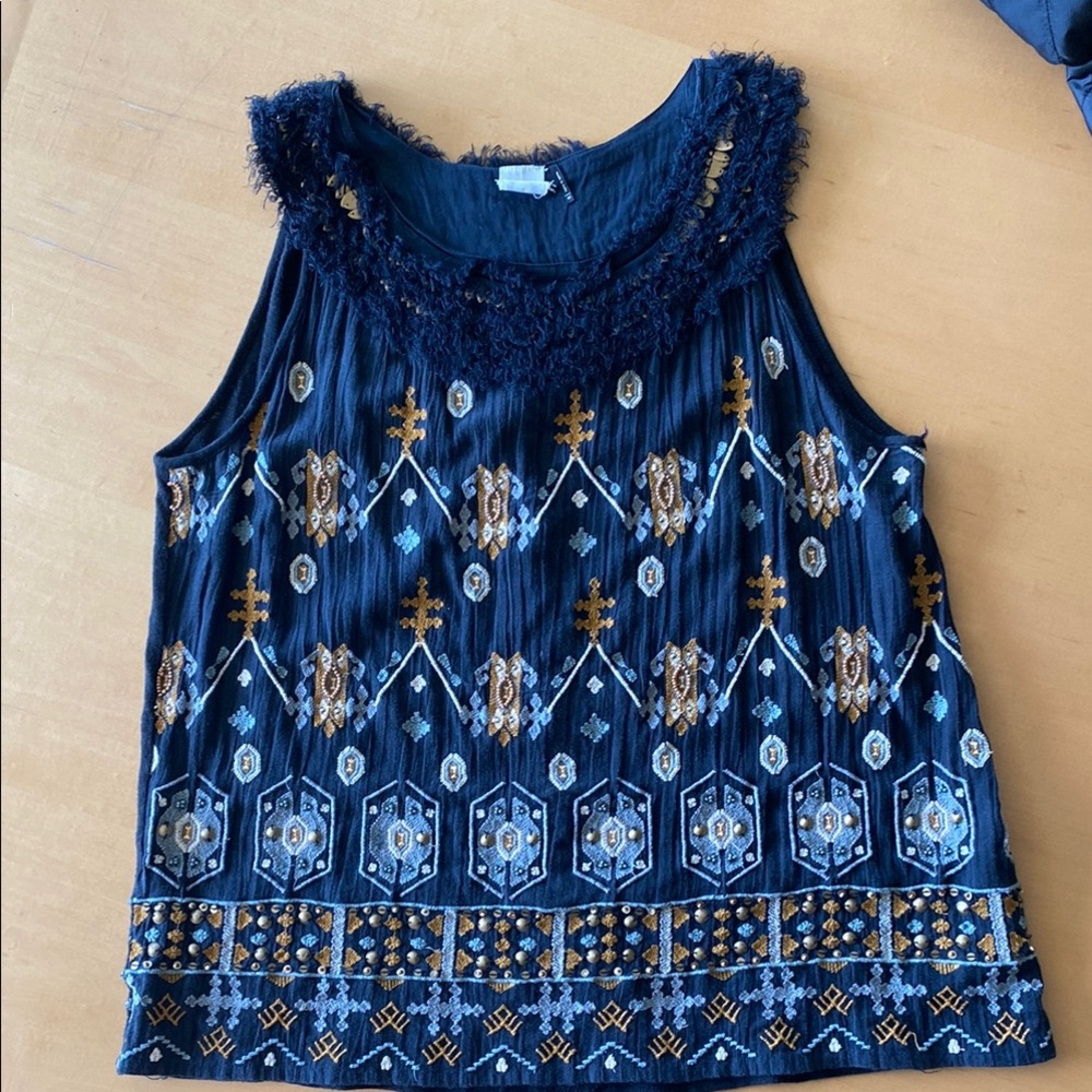 Akemi + Kin Anthropologie Firelight Black Embroidered Sleeveless Top